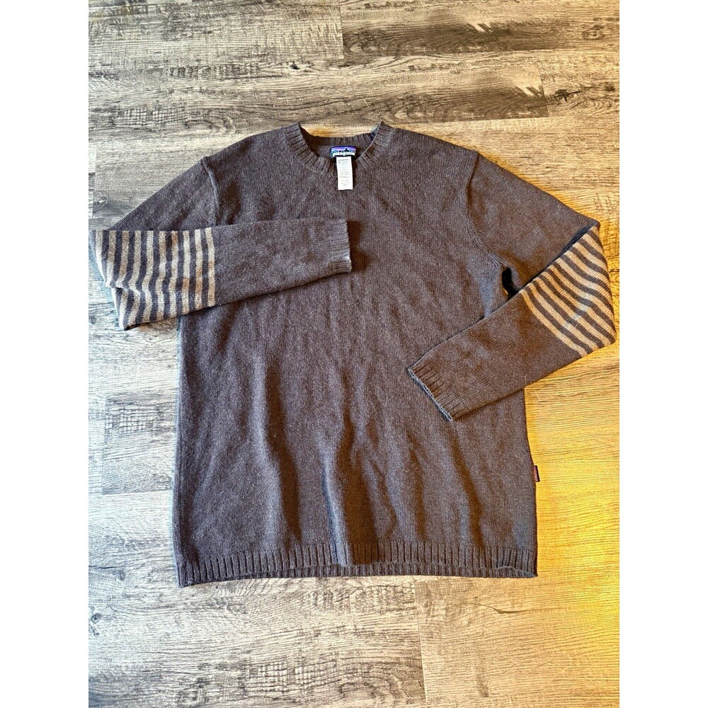 Patagonia Lambswool Blend Crewneck Sweater Mens Large Brown Striped Sleeve Gorp